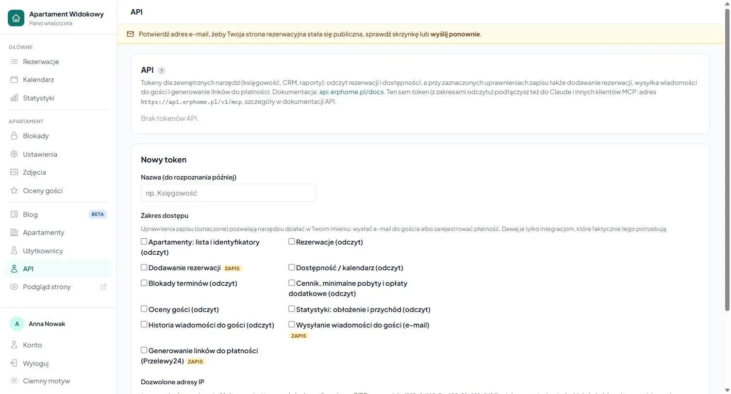 API tab in the panel: new token form with access scopes