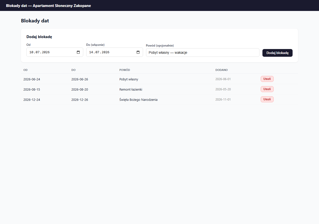 Blokady dat — formularz dodawania i lista aktywnych blokad