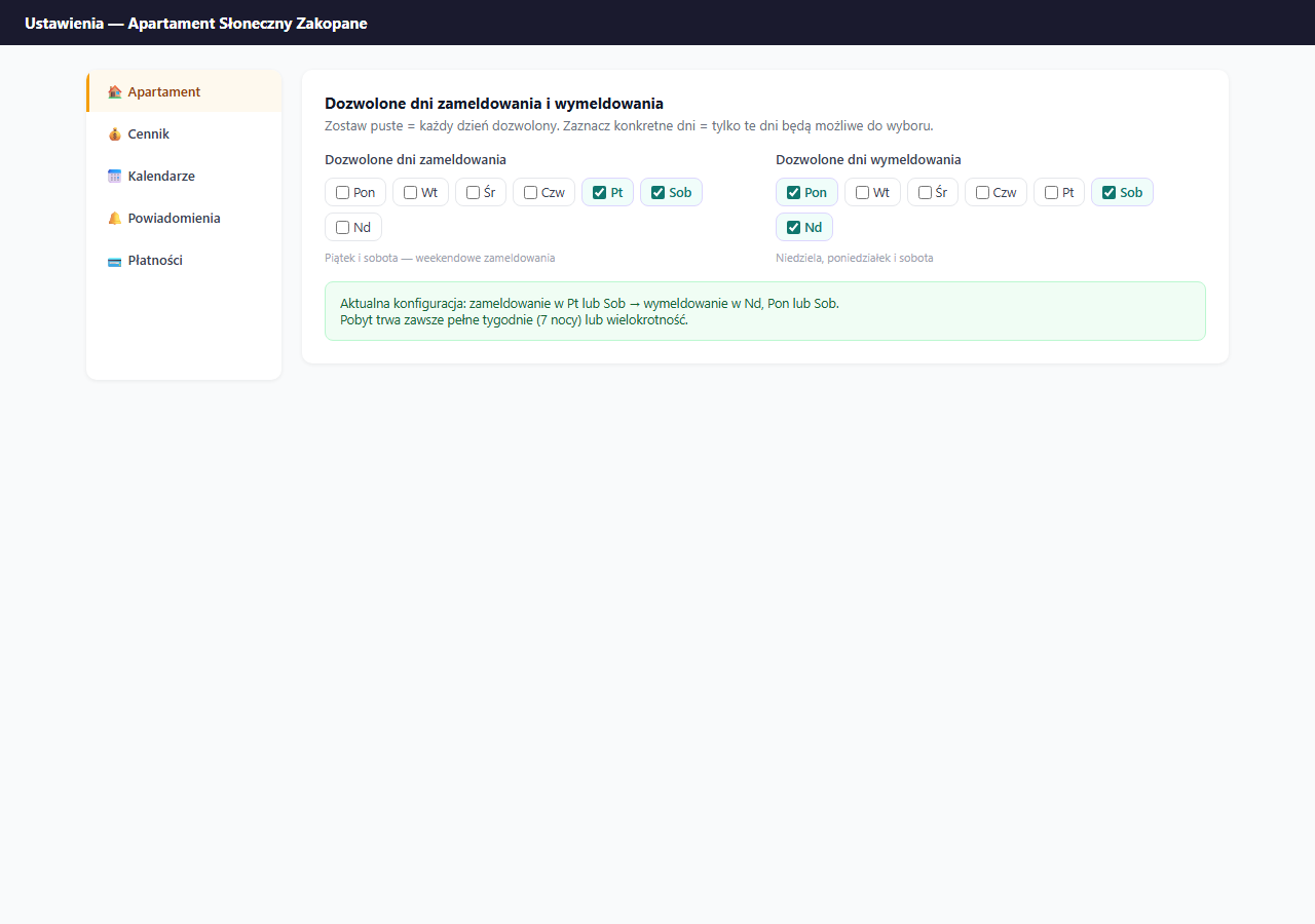 Dozwolone dni zameldowania i wymeldowania — konfiguracja checkboxów