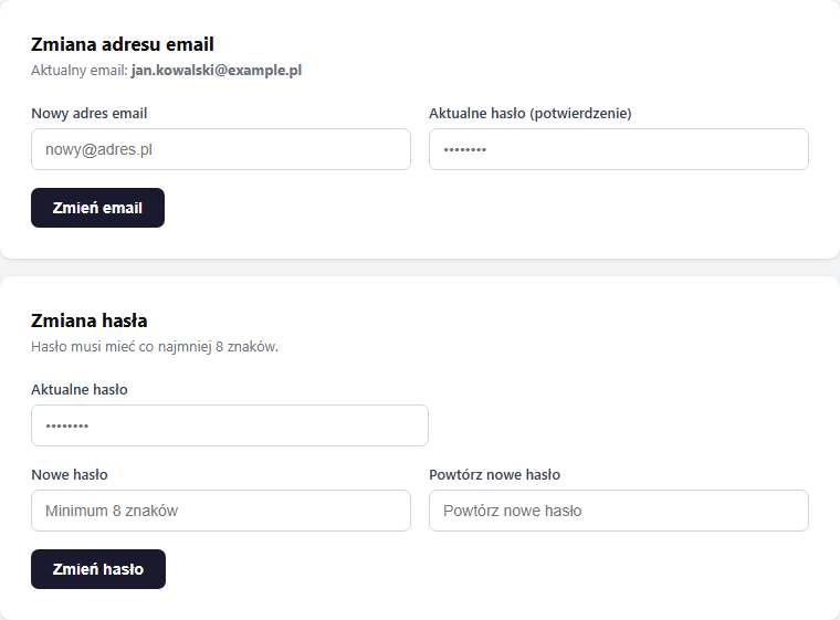 Sekcja Bezpieczeństwo — formularze zmiany e-mail i hasła