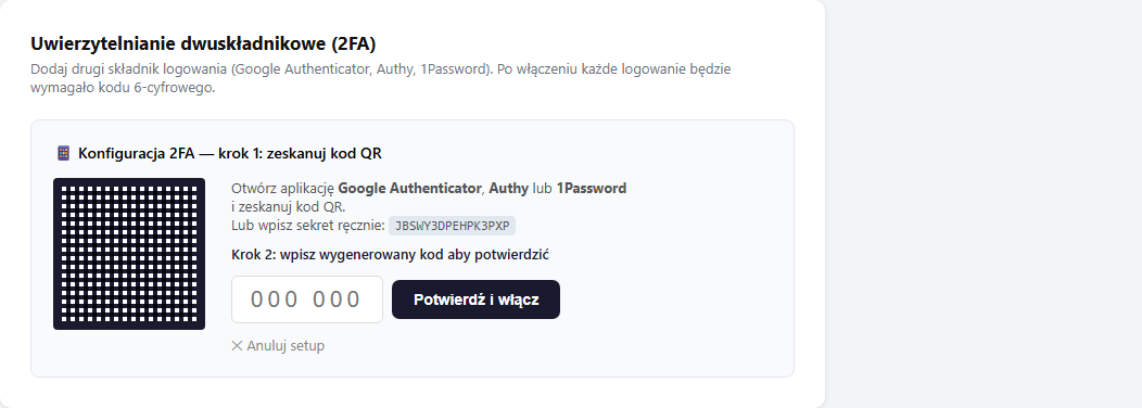 Ekran konfiguracji 2FA — kod QR i pole potwierdzenia