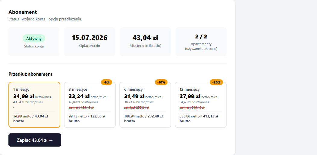 Panel odnowienia subskrypcji — kafelki statusu i wybór okresu