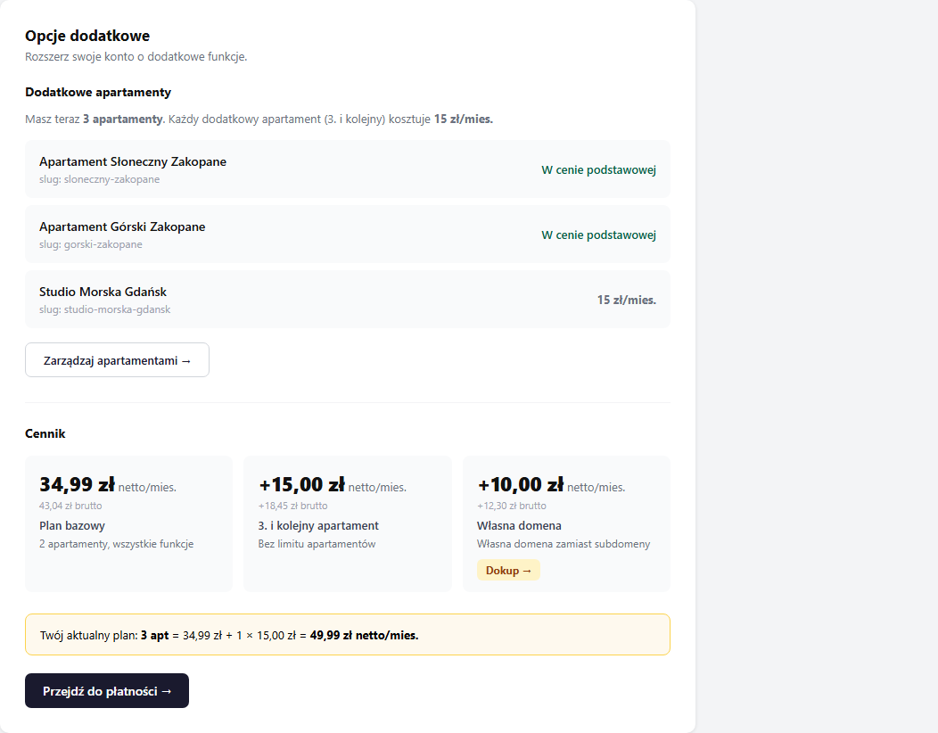 Sekcja Opcje dodatkowe — lista apartamentów i cennik