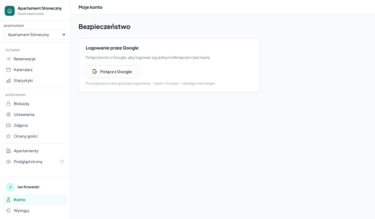 Sekcja „Logowanie przez Google" w ustawieniach konta z przyciskiem „Połącz z Google"