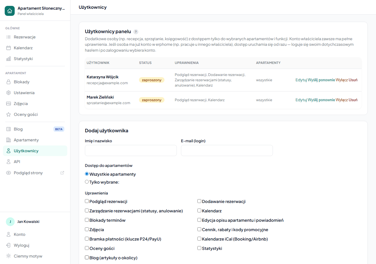 Lista użytkowników panelu ze statusami, uprawnieniami i formularzem dodawania