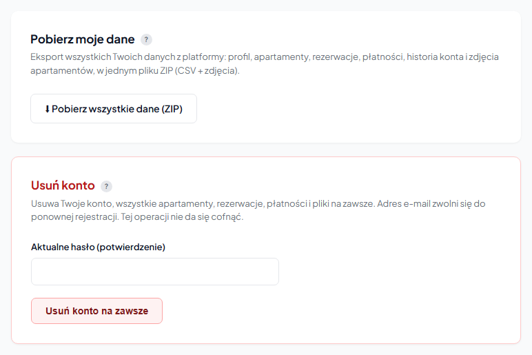 Karty „Pobierz moje dane" i „Usuń konto" w zakładce Bezpieczeństwo