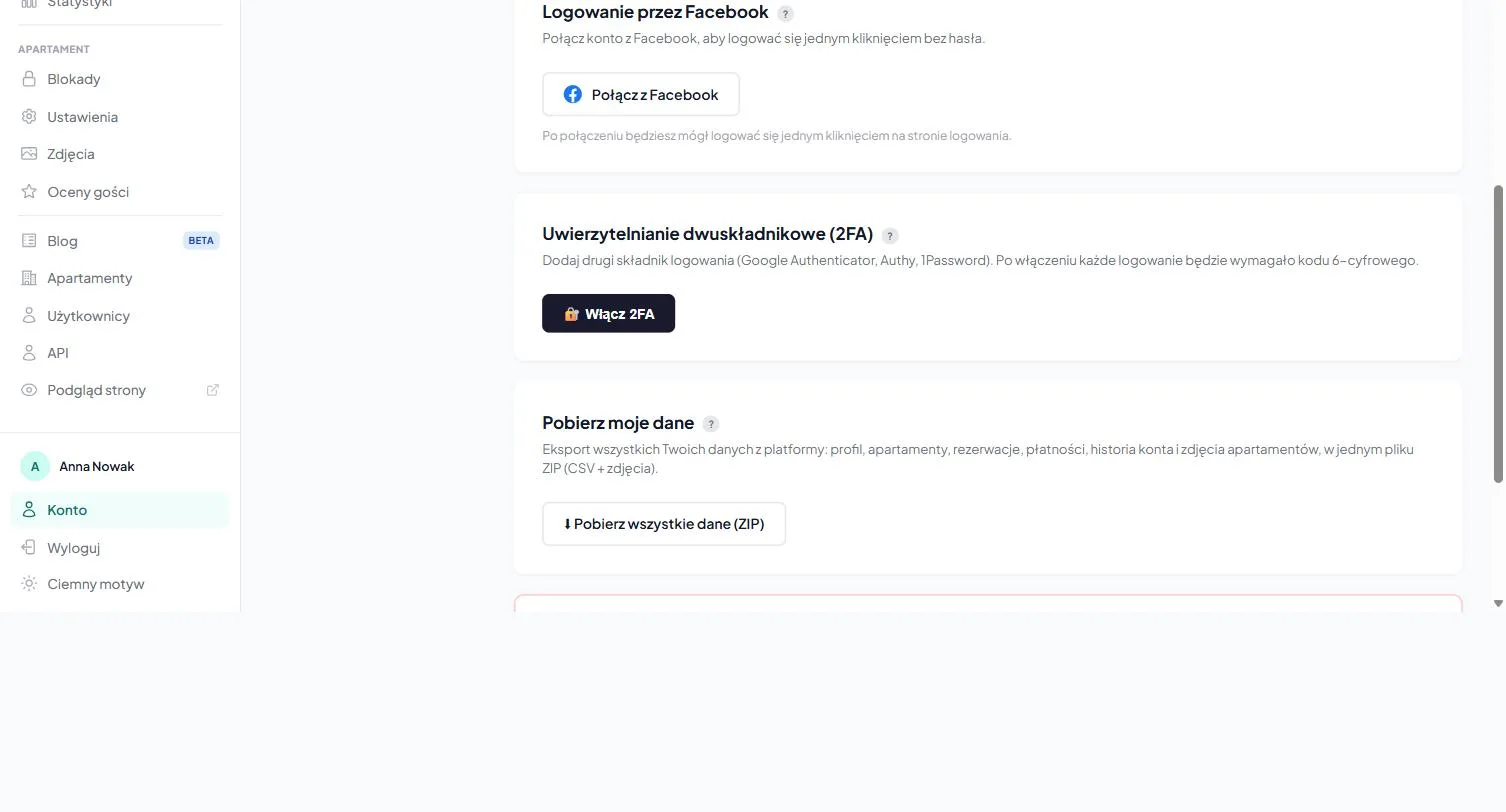 Sekcja Logowanie przez Facebook w Moje konto → Bezpieczeństwo