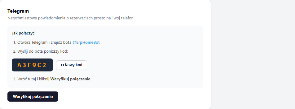 Sekcja Telegram z kodem połączenia i instrukcją 3 kroków