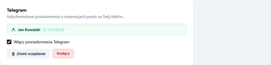 Stan po połączeniu — zielona informacja z nazwą konta Telegram