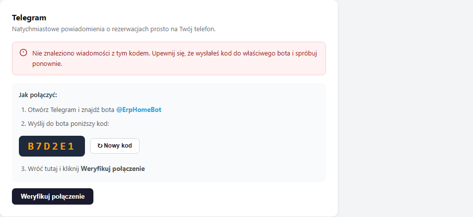 Sekcja Telegram — przycisk „Nowy kod" i „Weryfikuj połączenie"