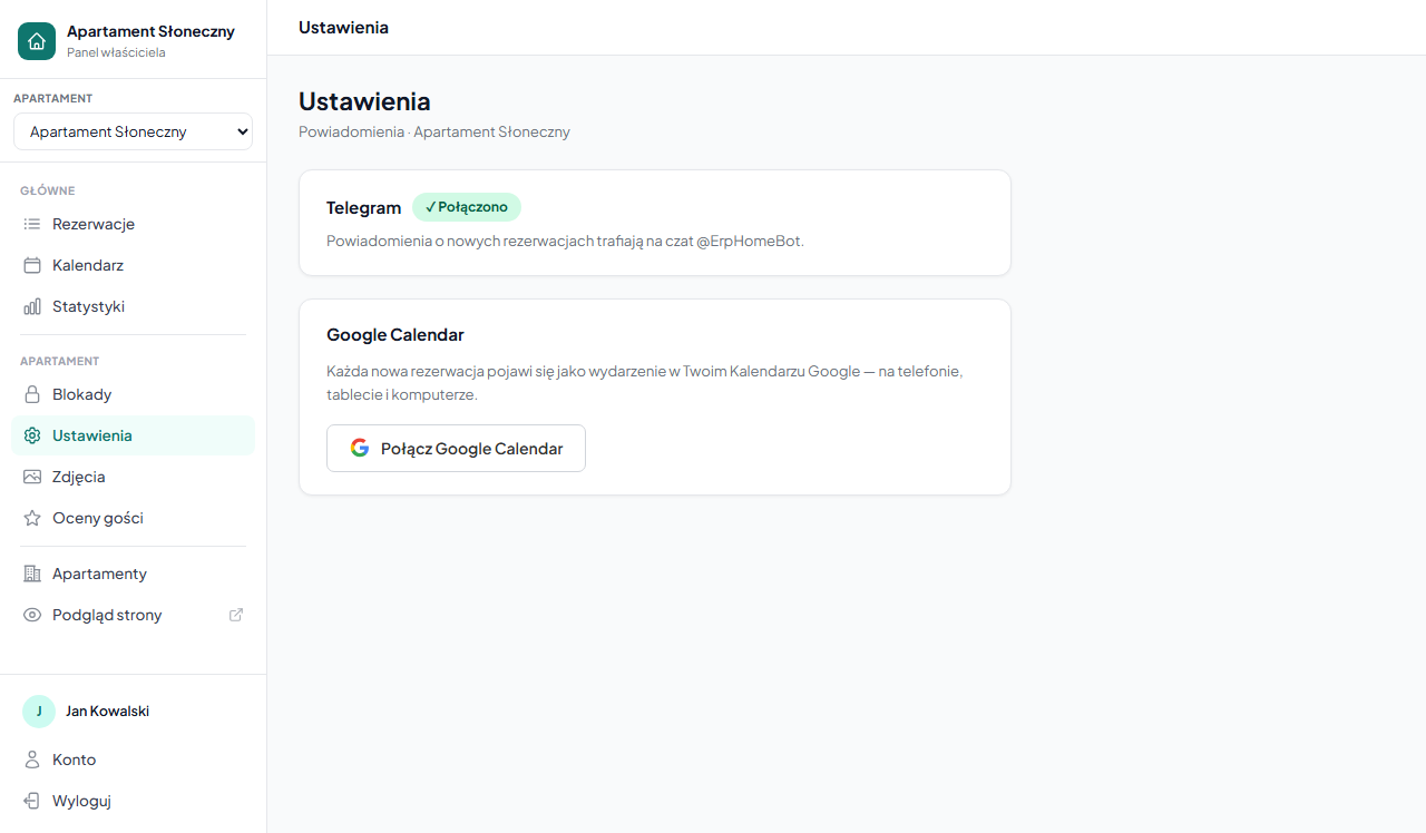 Sekcja Google Calendar w ustawieniach powiadomień, pod Telegramem, z przyciskiem „Połącz Google Calendar"