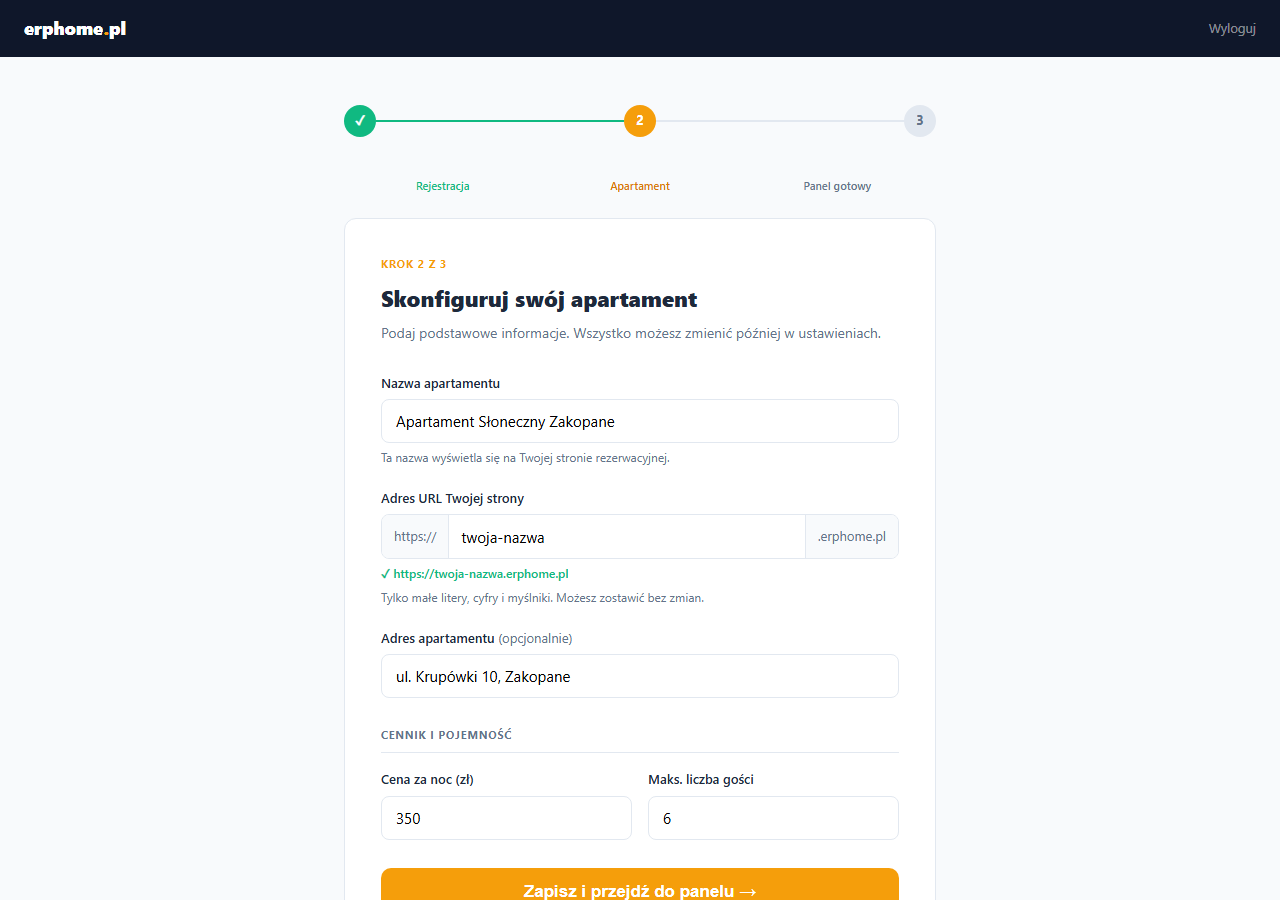 Konfiguracja apartamentu — onboarding erphome.pl