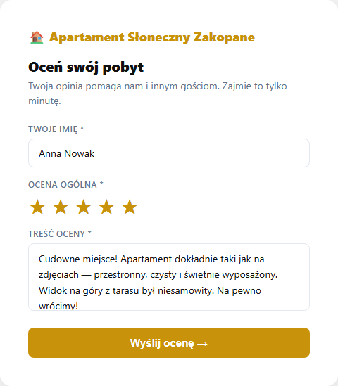 Formularz oceny gościa — gwiazdki, pole imienia i treść recenzji