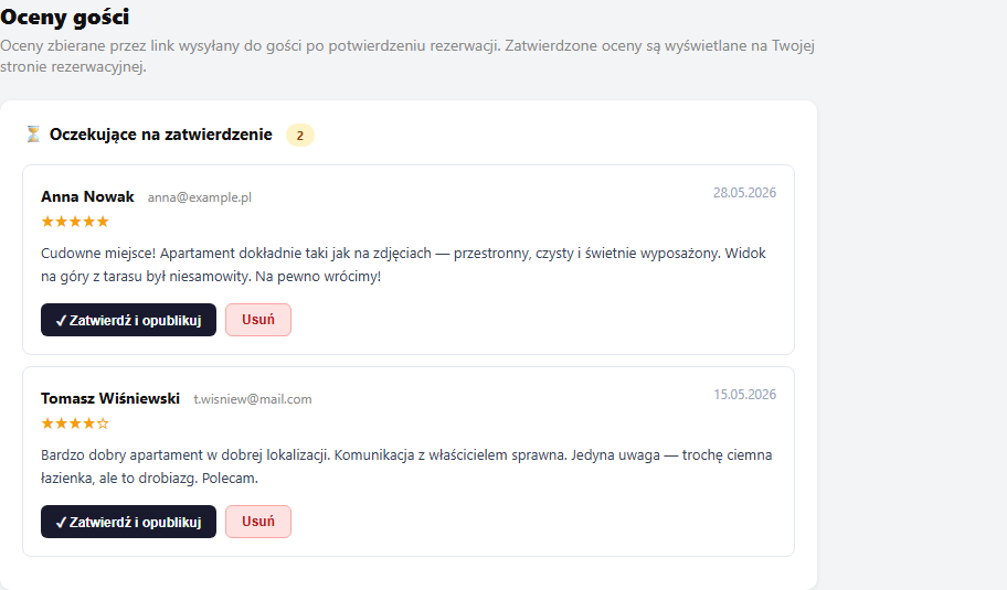 Panel Oceny gości — sekcja oczekujących z przyciskami zatwierdzenia i usunięcia