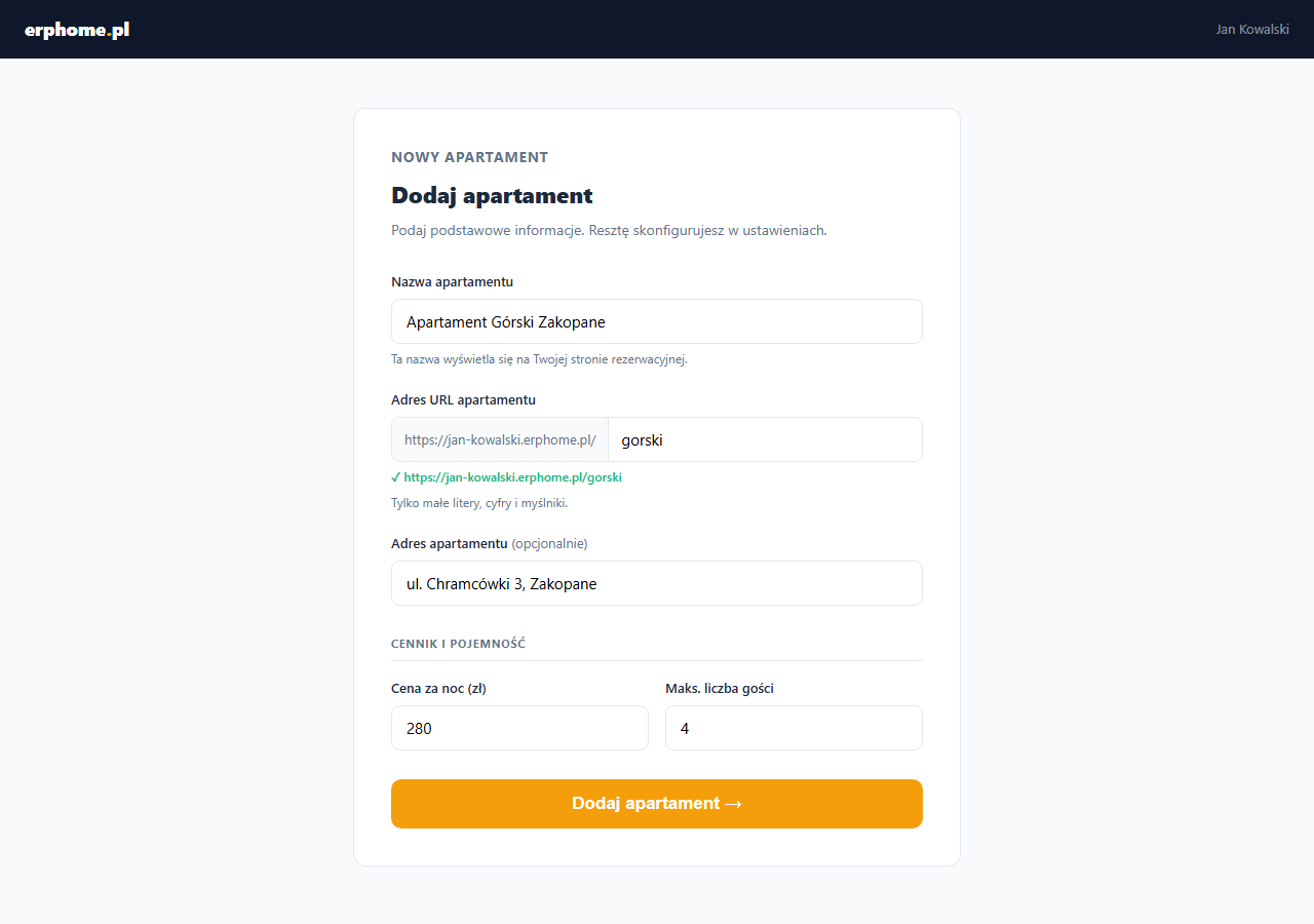 Formularz dodawania apartamentu erphome.pl