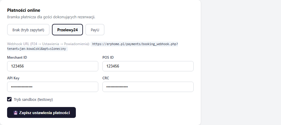 Formularz konfiguracji Przelewy24 — pola i checkbox sandbox