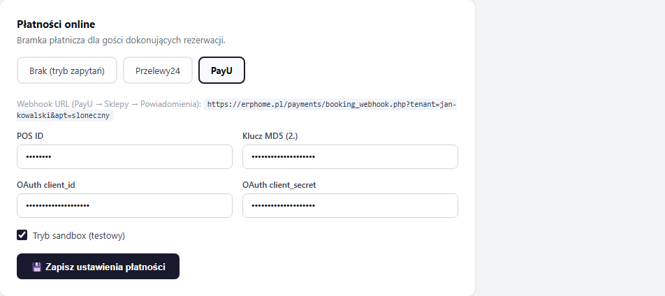 Formularz konfiguracji PayU — POS ID, klucz MD5, OAuth client_id i client_secret