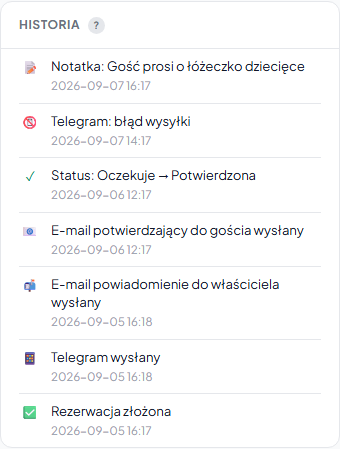 Sekcja „Historia" w szczegółach rezerwacji ze statusami dostarczenia powiadomień