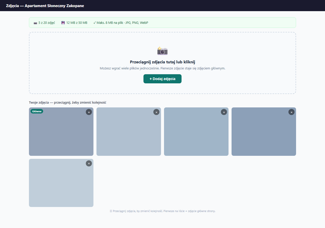 Interfejs uploadu zdjęć apartamentu