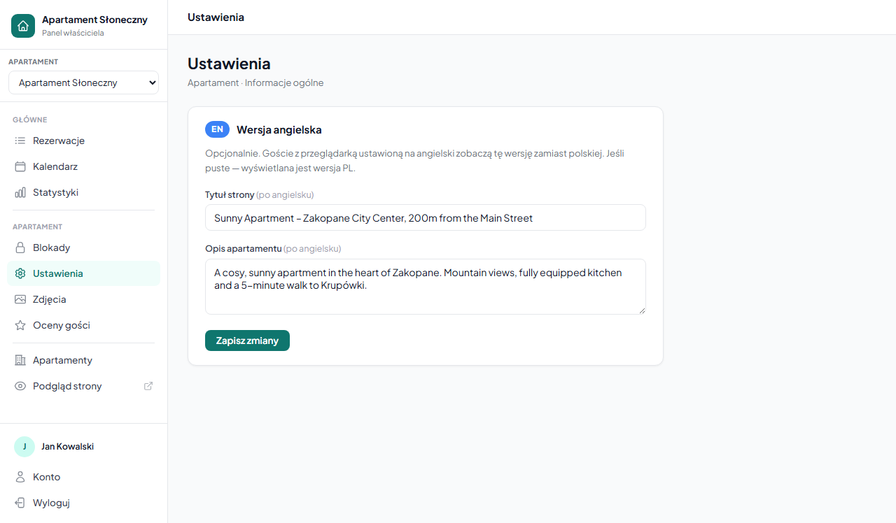 Sekcja „Wersje językowe" w ustawieniach apartamentu — lista języków do zaznaczenia i pola tłumaczenia tytułu oraz opisu