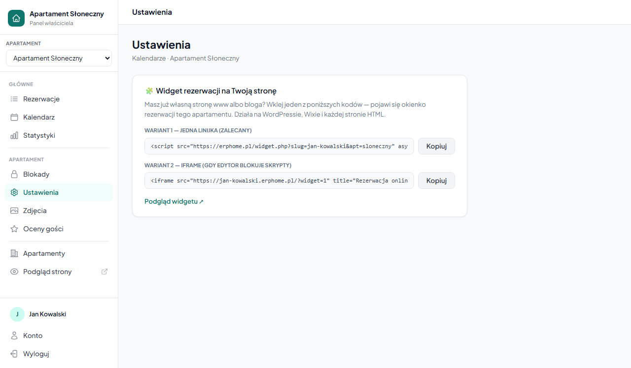 Karta „Widget rezerwacji na Twoją stronę" w ustawieniach panelu — dwa warianty kodu do skopiowania