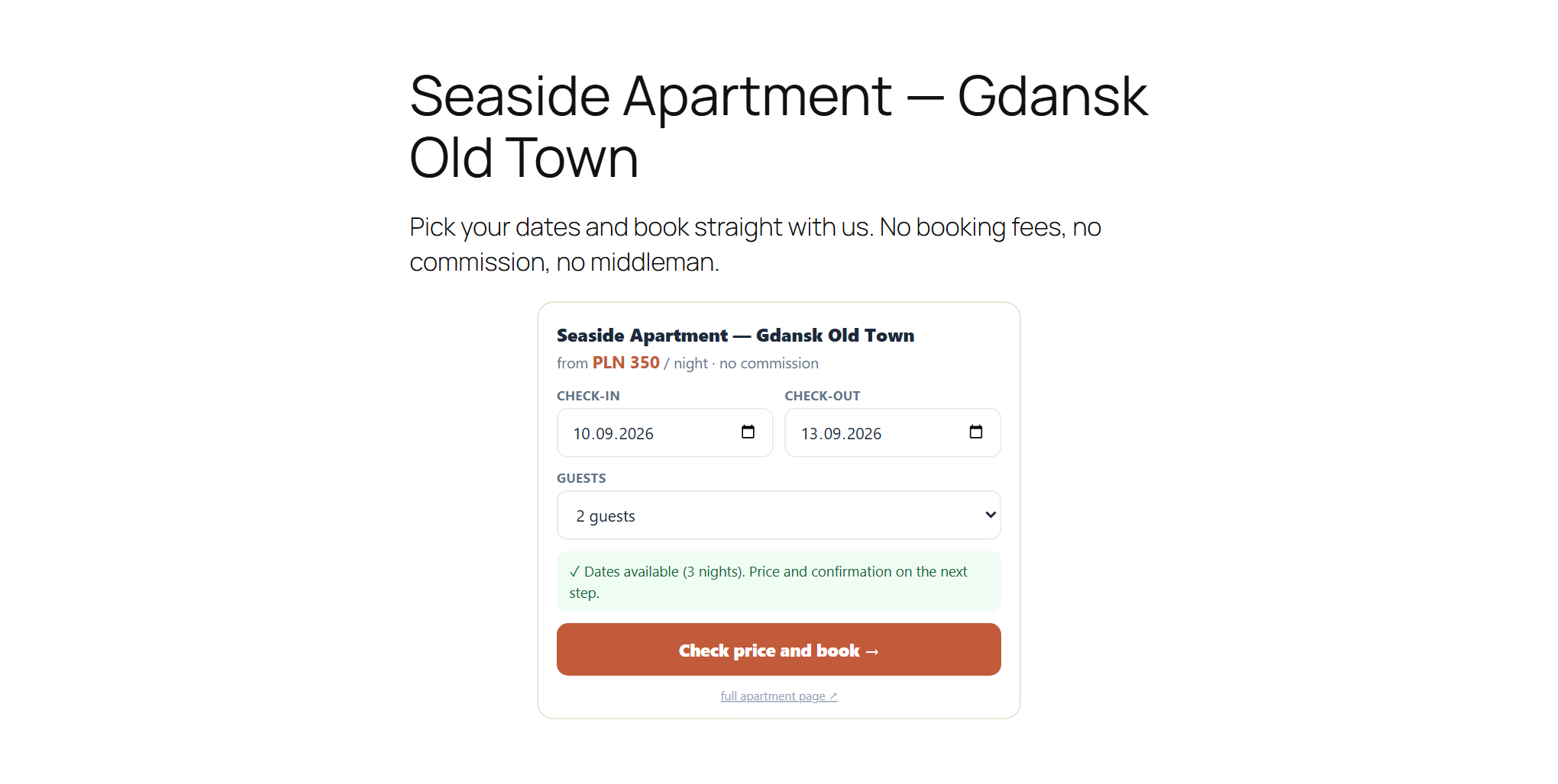 The booking widget embedded on an apartment page in WordPress: check-in and check-out fields, number of guests, an availability message and the booking button