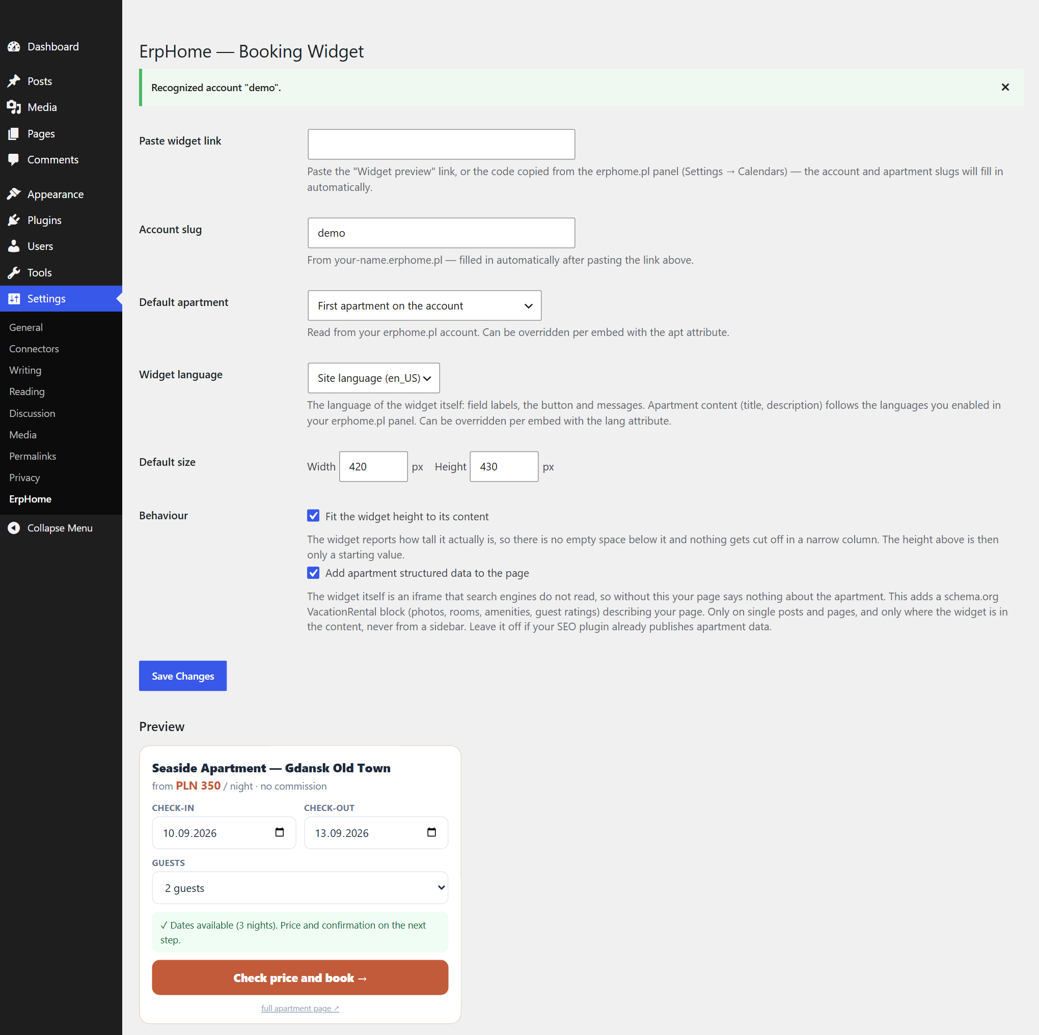 The plugin settings page in the WordPress admin: a field for the widget link, the recognised account, apartment selection, widget language, size and behaviour options