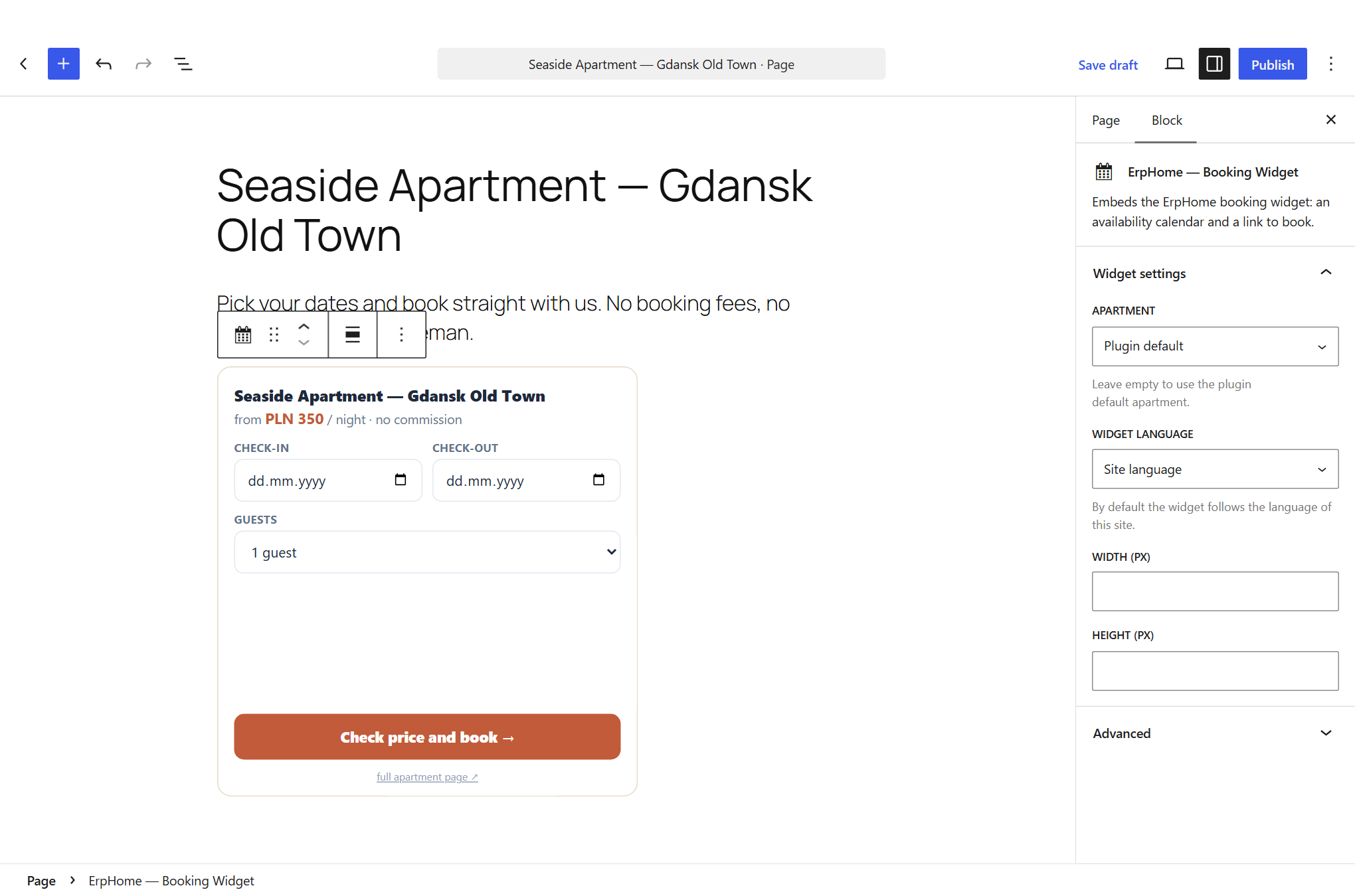 The "ErpHome — Booking Widget" block in the WordPress editor with a live preview on the page and sidebar controls: apartment, language, width and height