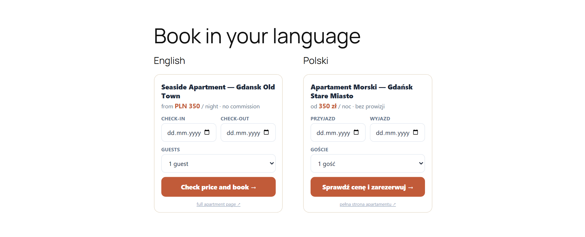 The same booking widget side by side in two languages, English and Polish, with field labels and the button in the matching language
