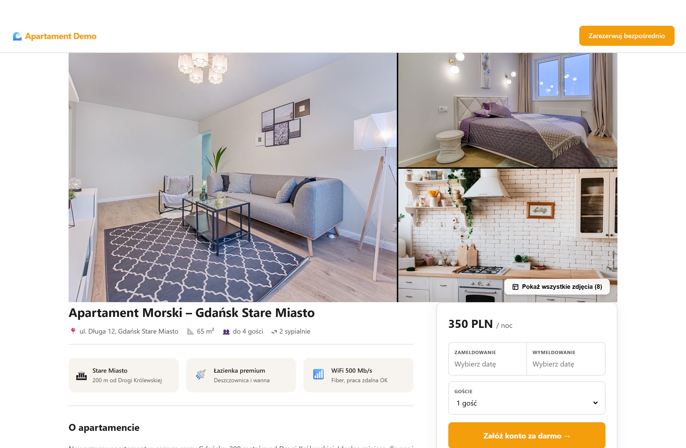 Przykładowa strona rezerwacyjna apartamentu na erphome.pl — widok na komputerze