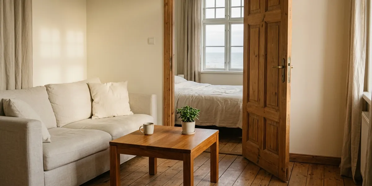 Illustrative photo: a bright seaside apartment with a sofa, wooden table and a bedroom seen through an open door