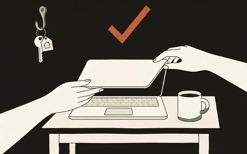 Illustration: hands opening a laptop, with house keys on a hook nearby