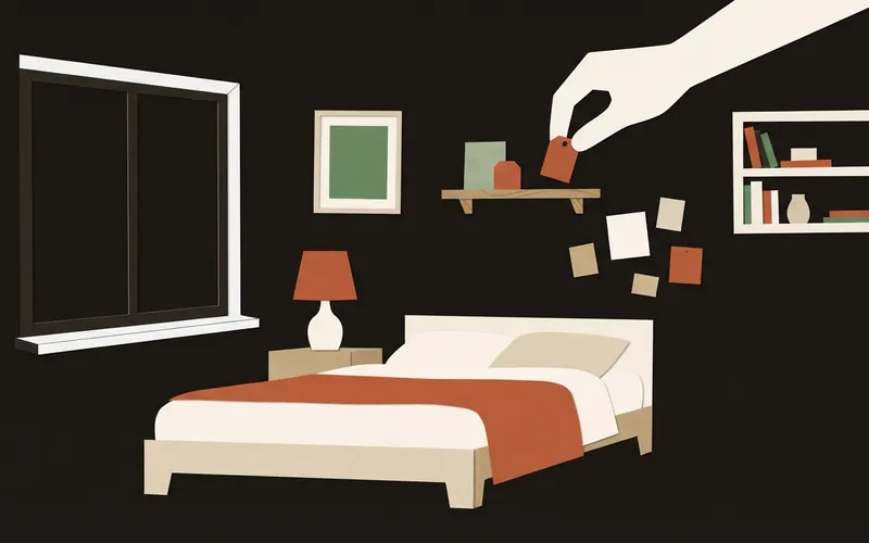 Illustration: a cut-paper collage of a room with a bed, lamp and picture, a hand placing the last item