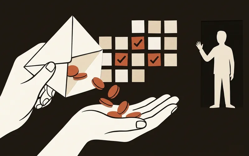 Illustration: an envelope pouring coins into a palm, a calendar with booked days and a guest waving in a doorway